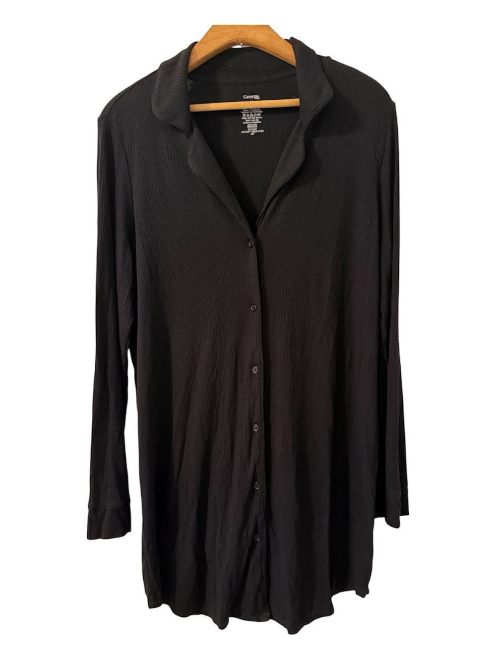 George Black Ribbed Tunic Blouse Small 21” Pit to Pit Stretch Button Front